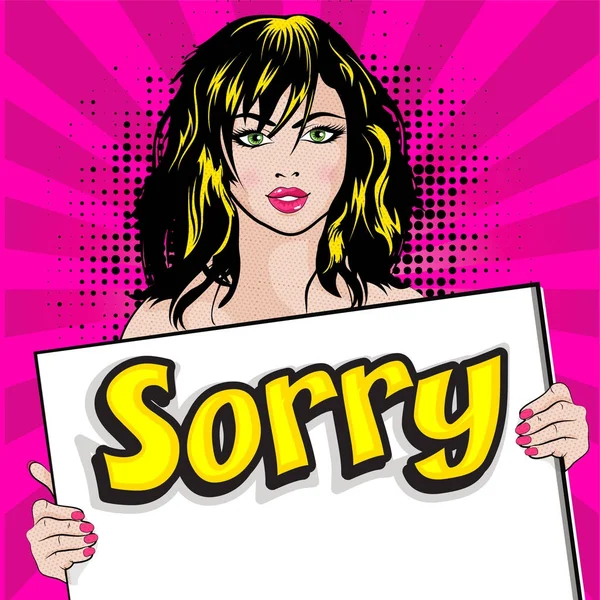 Popart vrouw met een Sorry! teken — Stockvector
