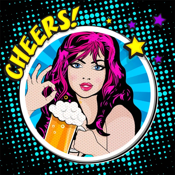 Mujer con un vaso de cerveza - CHEERS ! — Vector de stock