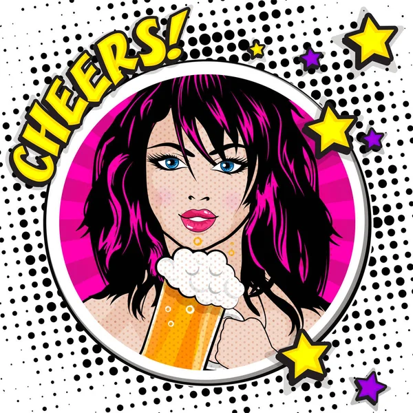 Mujer con un vaso de cerveza - CHEERS ! — Vector de stock