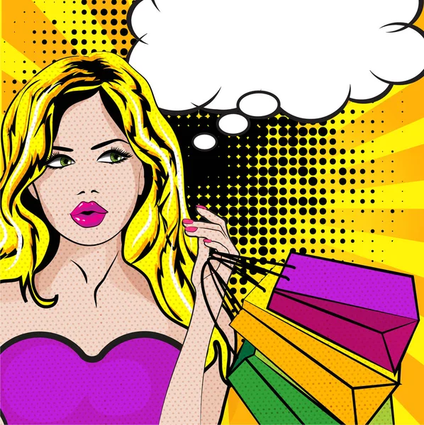 Kabarcık işaret ve alışveriş torbaları kadın ile