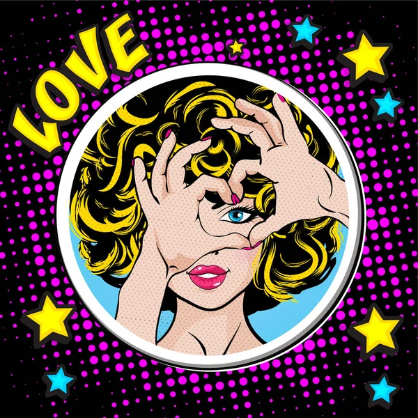 Pop Art Donna con cuore d'amore — Vettoriale Stock