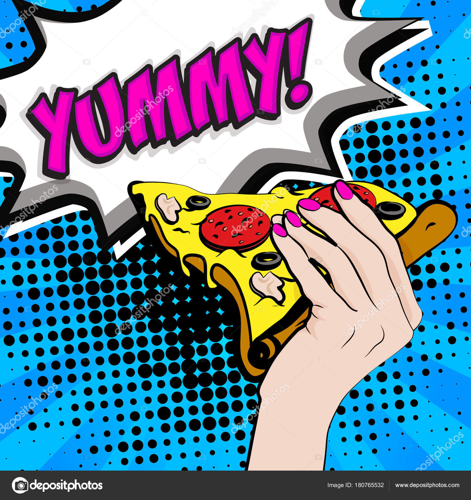 Pop Art Slice Pizza Female Hand Vector Illustration — Stock Vector