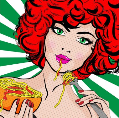 Pop Art genç kadın yeme spagetti - vektör çizim.