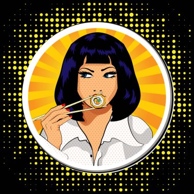 Pop Art genç kadın yeme suşi. vektör çizim.