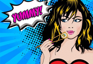 Pop Art genç kadın yeme suşi. Yazıt nefis. vektör çizim.