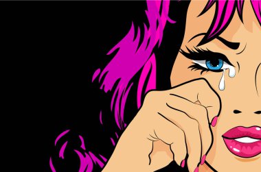 Pop Art ağlayan kadın gözyaşları ile onun gözünde - vektör çizim. pembe saçlı pop sanat ağlayan kız.