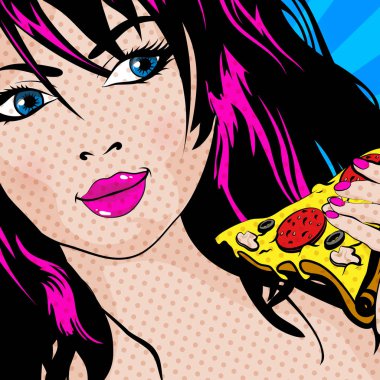 Pop Art genç kadın yeme Pizza. vektör çizim.