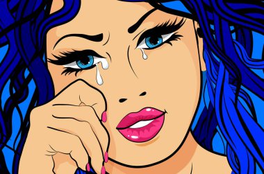 Pop Art ağlayan kadın gözyaşları ile onun gözünde - vektör çizim. mavi saçlı pop sanat ağlayan kız.