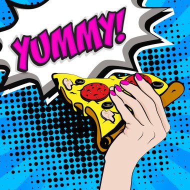 Pop Art dilim Pizza kadın elinde. vektör çizim.
