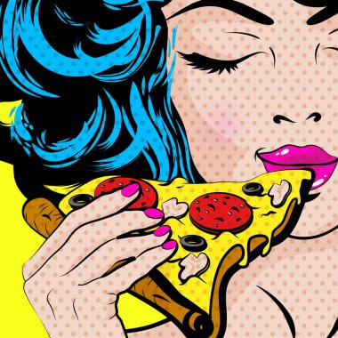 Pop Art genç kadın yeme Pizza. vektör çizim.