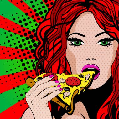 Pop Art genç kadın yeme Pizza. vektör çizim.
