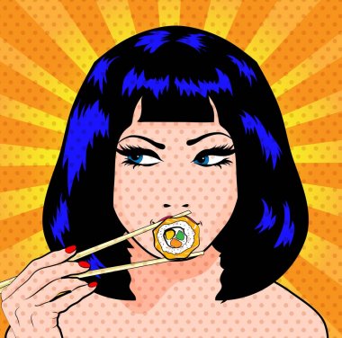 Pop Art genç kadın yeme suşi. vektör çizim.