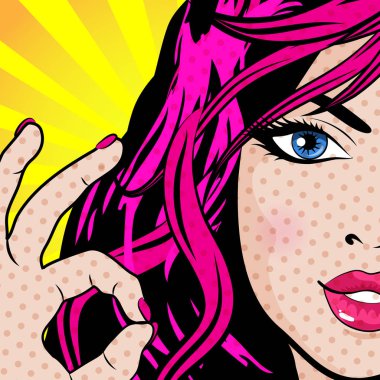 Pop art kadın - mükemmel! imzala. Tamam ver! illüstrasyon işareti vektör.