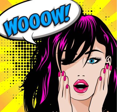 Pop Art kadın Wow işareti. vektör çizim