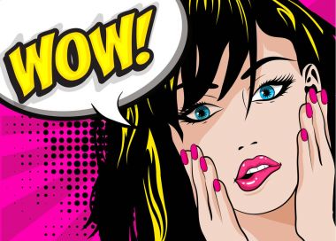 Pop Art kadın Wow işareti. vektör çizim