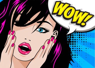 Pop Art kadın Wow işareti. vektör çizim