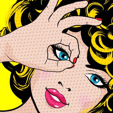 Pop art kadın - mükemmel! imzala. Tamam ver! illüstrasyon işareti vektör.