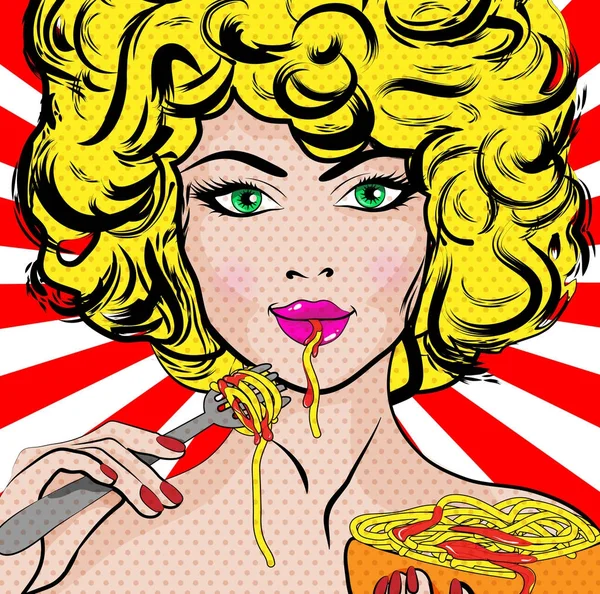 Поп Арт Молода Жінка Їсть Спагетті Векторні Ілюстрації — стоковий вектор