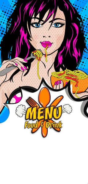 Pop Art Mujer Joven Comiendo Espaguetis Ilustración Vectorial Plantilla Cubierta — Vector de stock