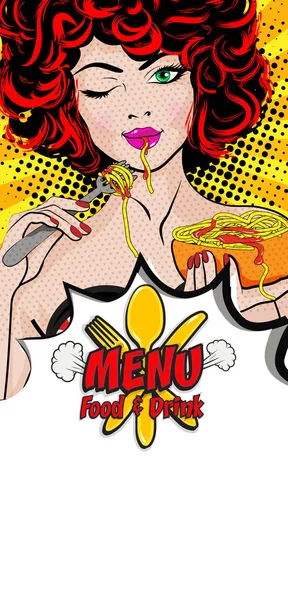 Pop Art Young Woman Eating Spaghetti Vector Illustration Menu Cover — Stock Vector