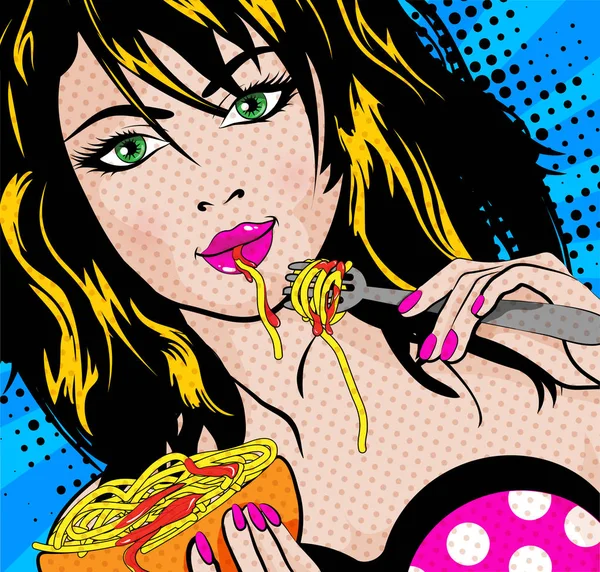 Pop Art Jonge Vrouw Eten Spaghetti Vectorillustratie — Stockvector