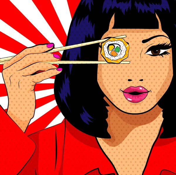 Pop Art Mladá Žena Jíst Sushi Vektorové Ilustrace — Stockový vektor