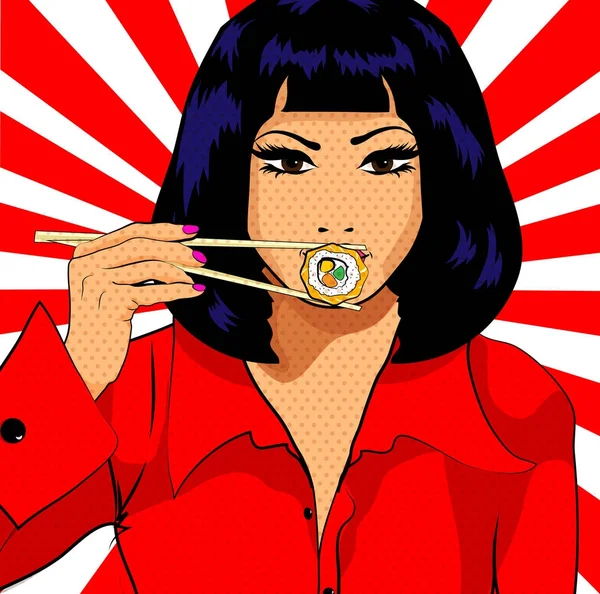 Pop Art Joven Mujer Comiendo Sushi Ilustración Vectorial — Vector de stock