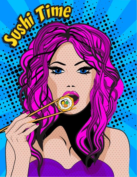 ポップアート若い女性摂食 Sushi Sushi ベクトル図 — ストックベクタ