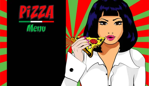 Pop Art Joven Mujer Comiendo Pizza Plantilla Menú Pizza Ilustración — Archivo Imágenes Vectoriales