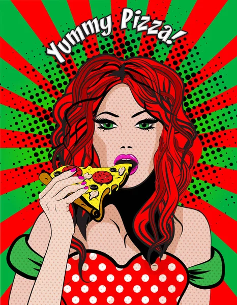 Pop Art Ung Kvinna Äta Pizza Mumsig Pizza Inskription Vektorillustration — Stock vektor