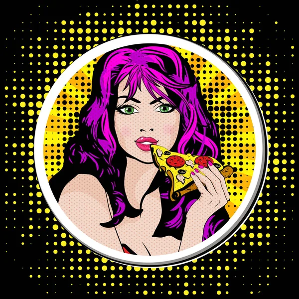 Pop Art Jeune Femme Mangeant Pizza Illustration Vectorielle — Image vectorielle