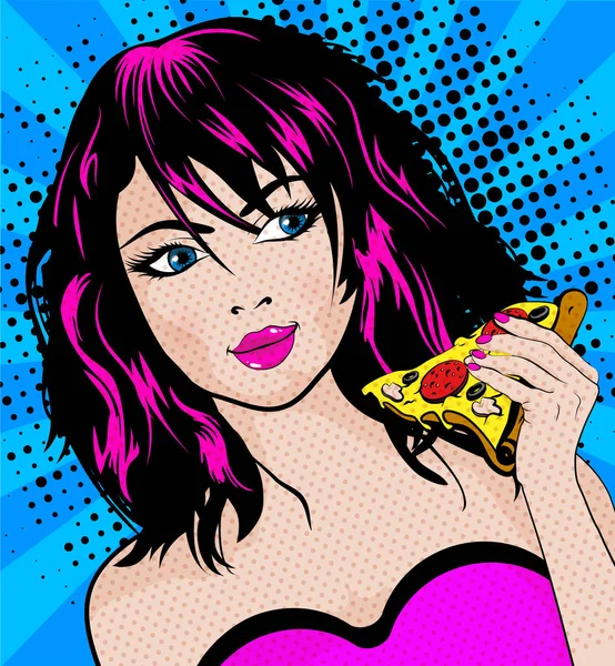 Pop Art Joven Mujer Comiendo Pizza Ilustración Vectorial — Vector de stock
