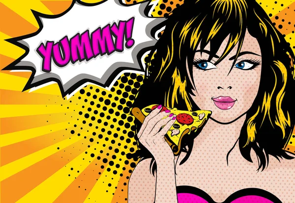 Pop Art Jeune Femme Mangeant Pizza Inscription Yummy Illustration Vectorielle — Image vectorielle