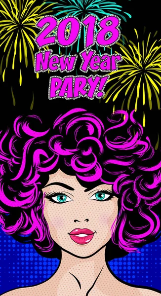 Pop Art Woman Icon 2018 New Year Party Inglês Ilustração — Vetor de Stock