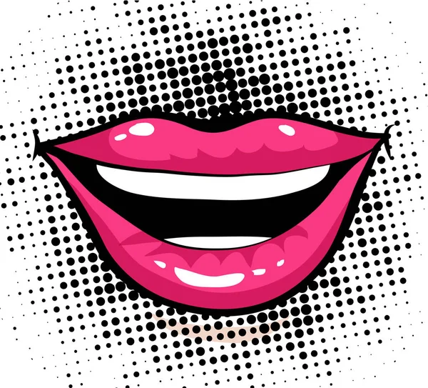 Pop Art Podekscytowany Kobieta Usta Czarno Białe Kropki Tło Wektor — Wektor stockowy