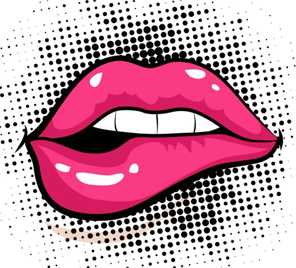 Pop Art Excited Woman Lips Black White Dots Background Vector — Stock Vector