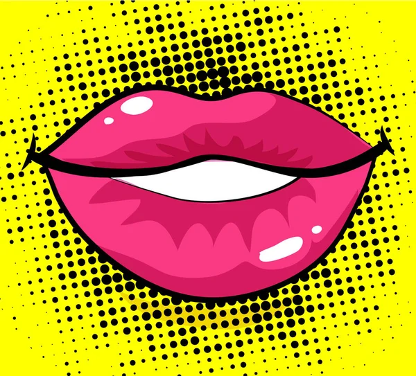 Pop Art Animado Lábios Mulher Fundo Pontos Preto Amarelo Ilustração —  Vetores de Stock