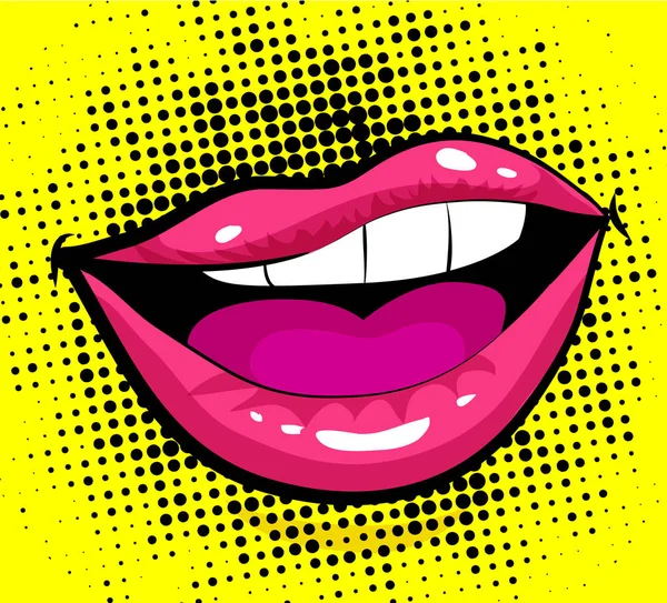 Pop Art Ενθουσιασμένος Γυναίκα Στα Χείλη Μαύρο Και Κίτρινο Φόντο — Διανυσματικό Αρχείο