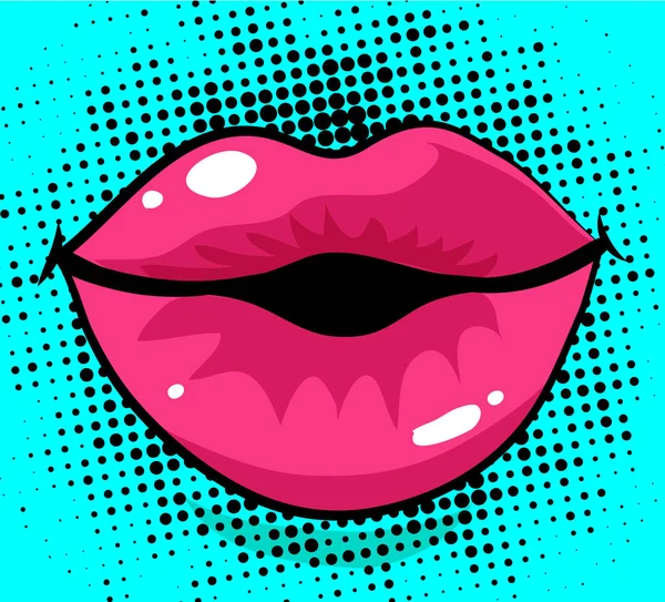 Pop Art Excited Woman Lips Black Blue Dots Background Vector — Stock Vector