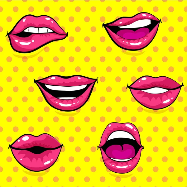 Pop Art Excited Woman Lips Collection Dots Background Vector Fashion — Stock Vector