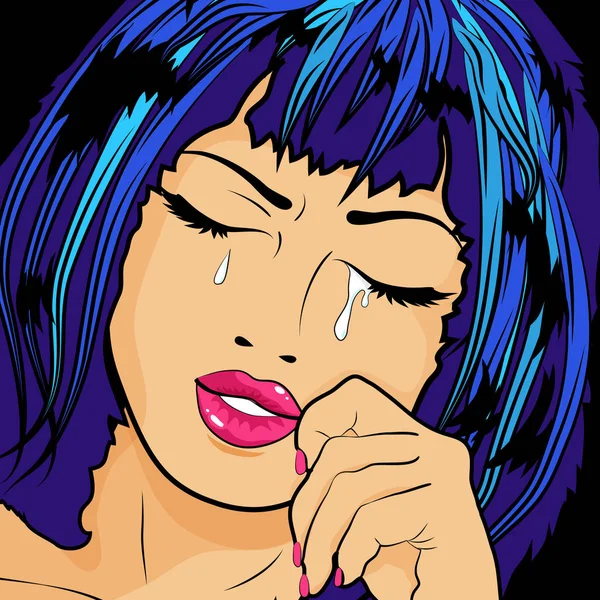 ポップアート ベクトル イラスト 彼女の目に涙を浮かべて女性を泣いています 青い髪とポップアート泣いている女の子 — ストックベクタ