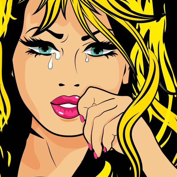 Pop Art Crying Woman Tears Her Eyes Vector Illustration Pop — Stock Vector