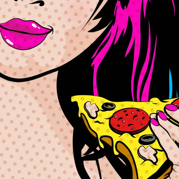 Pop Art Genç Kadın Yeme Pizza Vektör Çizim — Stok Vektör