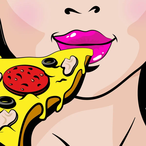 Pop Art Mladá Žena Jíst Pizzu Vektorové Ilustrace — Stockový vektor