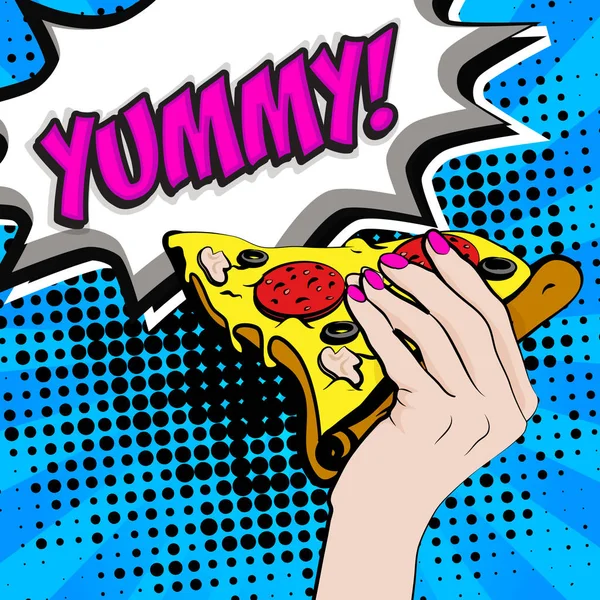 Pop Art Dilim Pizza Kadın Elinde Vektör Çizim — Stok Vektör