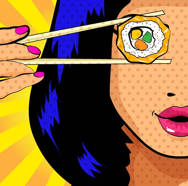 Pop Art Joven Mujer Comiendo Sushi Ilustración Vectorial — Archivo Imágenes Vectoriales