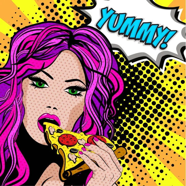 Pop Art Giovane Donna Che Mangia Pizza Iscrizione Yummy Illustrazione — Vettoriale Stock