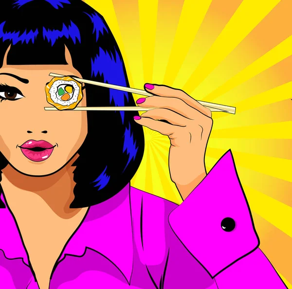 Pop Art Young Wanita Makan Sushi Ilustrasi Vektor - Stok Vektor