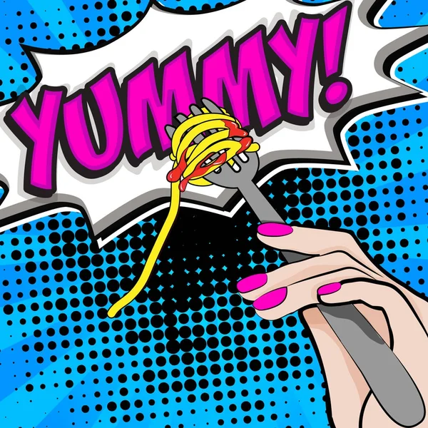 Pop Art Tenedor Con Espaguetis Yummy Signo Ilustración Vectorial — Vector de stock
