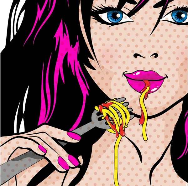 Pop Art Jonge Vrouw Eten Spaghetti Vectorillustratie — Stockvector